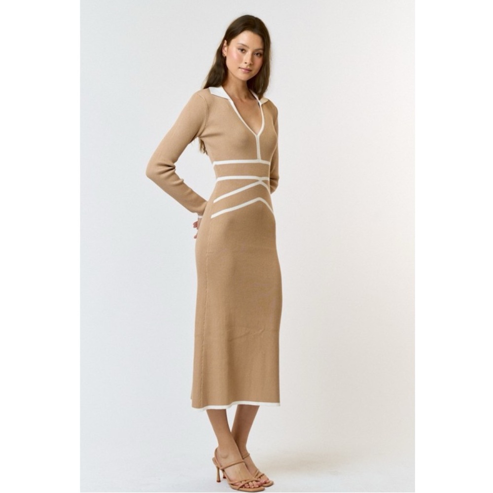 Elegant Tan and White Knit Dress